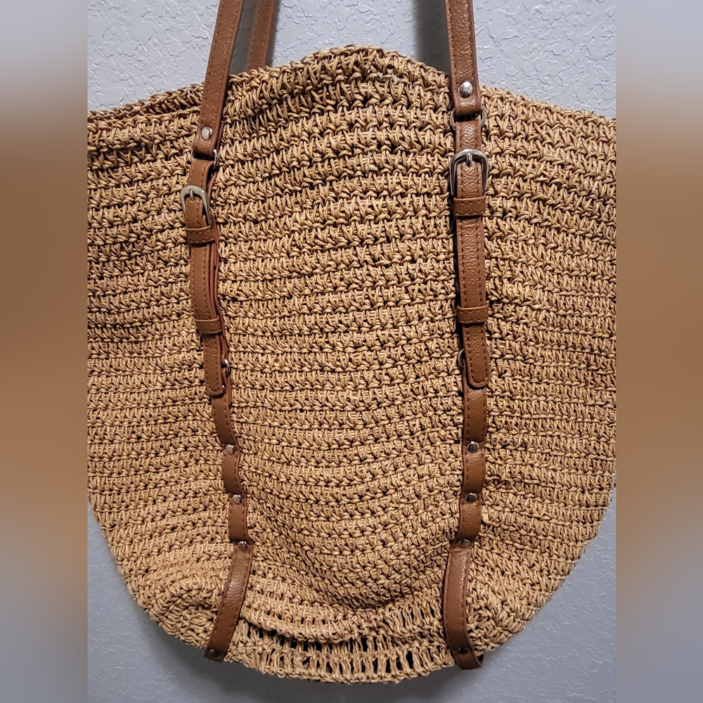 Packable Woven Straw Tote Bag with Brown Straps - Picture 3 of 9